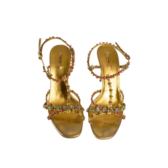 Miu Miu S/S 2004 Floral Gold Leather T-Strap Sandal Heels - Picture 1 of 6
